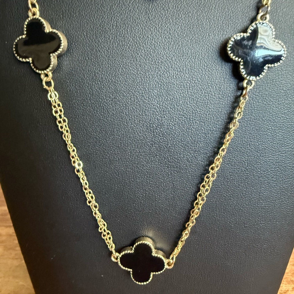 Black and Gold Tone Clover Pendant Necklace